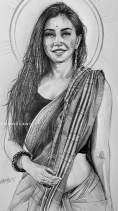 a pencil drawing of a woman wearing a sari and holding her hands on her hips