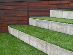 some concrete steps with grass growing on them