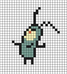 A small pixel art template of Plankton the cartoon character from SpongeBob. Pixel Art Pattern Stitch, Pixel Art Spongebob Easy, Spongebob Pixel Art Grid, Sponge Bob Pixel Art, Silly Pixel Art, Pixel Spongebob, Minecraft Pixel Art Easy, Spongebob Cross Stitch