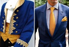 two men in blue jackets and yellow ties, one is wearing a gold brooch