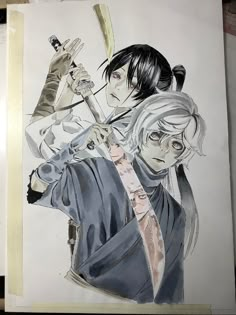 a drawing of two people holding swords in their hands