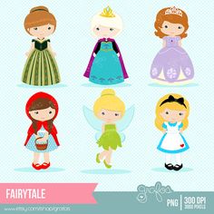 the fairy tale clipart set includes four different princesses and one is holding a basket