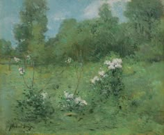 a painting of white flowers in a green field