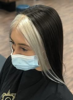 Peekaboo Hair Color White, Platinum Blonde Hair With Black Peekaboo, White Hair In Front Dark In Back, Black And White Hair Ideas, Black And Platinum Color Block Hair, Stripping Black Hair Dye, Black Hair With Blonde Highlights, Trendy Products