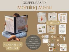 a person sitting on the ground holding up a book with other items surrounding it and text that reads, gospel based morning menu 5 lessons