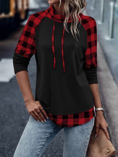 Red Casual Collar Long Sleeve Fabric Plaid Pullovers Embellished Slight Stretch  Women Sweatshirts Mock Neck Bodycon Dress, Satin Bodycon Dress, Hooded Sweatshirt Dress, Plaid Pullover, Women Sweatshirts, 70 Dress, Drawstring Hoodie, Mens Activewear, Sweatshirt Dress