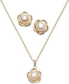 Macy's 2-Pc. Set Cultured Freshwater Pearl (7mm) Flower Pendant Necklace & Matching Stud Earrings in 18k Gold-Plated Sterling Silver & Reviews - Jewelry & Watches - Macy's Real Pearl Earrings, Beautiful Pendant Necklace, Necklace Matching, Halo Earrings Studs, Gold Earrings Designs, Flower Pendant Necklace, Three Stone Engagement Rings