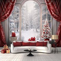 a living room decorated for christmas with red and white decorations on the window sill