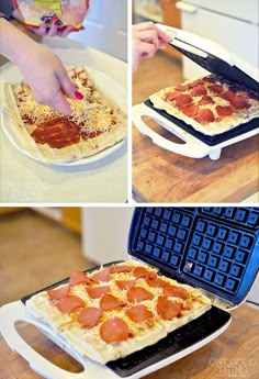 the process of making homemade pizzas with waffles and pepperoni on top