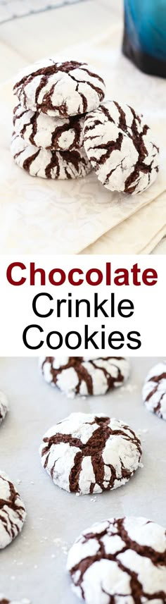 chocolate crinkle cookies on a baking sheet with the words chocolate in the middle