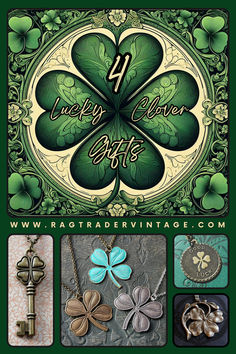 Our vintage style St. Patrick's day card in green and gold shows four leaf clovers and vintage style jewelry. It’s your lucky day if you are hunting for vintage style four leaf clovers! Enjoy choosing from Ragtrader’s vintage style shamrocks, Irish inspired jewelry and lucky pendants. St. Patrick’s Day is the perfect time to gift a little luck to those you love. Every purchase comes to you in its own gift box ready to share. Clover Gifts, Patina Jewelry, Clover Jewelry, Green Shamrock, April Birthday