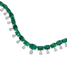 A stunning riviera necklace featuring 37.11 carats of green emeralds and 10.31 carats of round brilliant diamonds, set in 18 karat white gold. Diamond Riviera Necklace, Green Diamond Necklace, Riviera Necklace, Indian Cheese, Beautiful Jewelry Diamonds, Glamorous Jewelry, Diamonds Direct, Necklace Emerald, High Jewellery