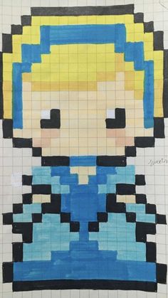 a drawing of a woman with blue and yellow squares on her face, in the shape of a pixel