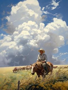 a painting of a man riding on the back of a brown horse in a field