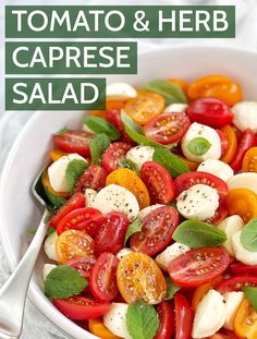 tomato and herb caprese salad in a white bowl