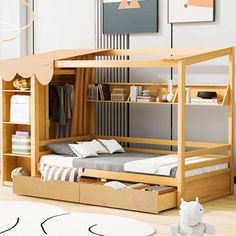 a child's bedroom with a bunk bed and storage drawers underneath the mattresses