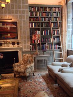 a living room filled with lots of furniture and bookshelves next to a fire place