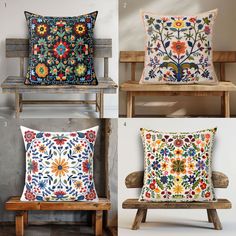 four different types of pillows on wooden benches