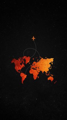 an airplane is flying over the world on a black background with orange and red colors