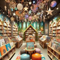 the children's book store has many books on shelves and decorations hanging from the ceiling