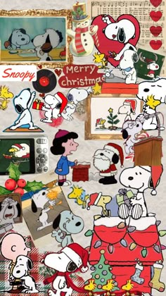 snoopy christmas collage with many pictures and words on the wall, including santa's sleigh