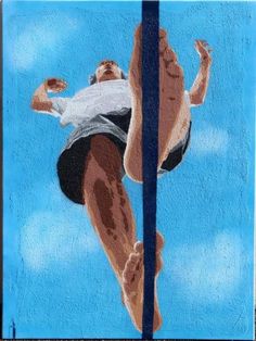 a painting of a man hanging upside down on a pole