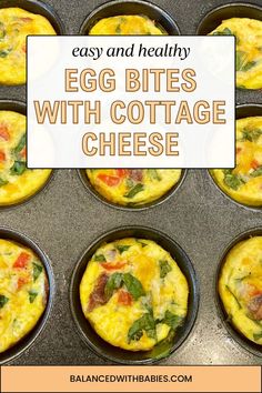 egg bites with cottage cheese in muffin tins on a baking sheet and text overlay