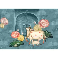 a painting of a cow and its calf in front of a building with flowers on it