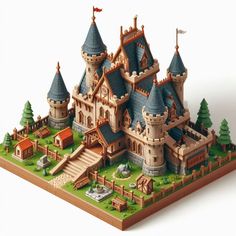 an elaborate castle made out of legos on a white surface with trees and bushes