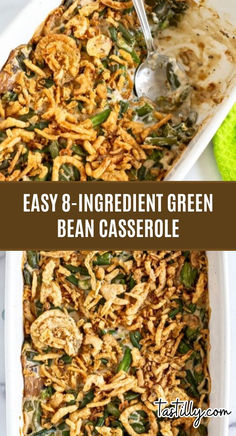 a casserole dish filled with green bean casserole