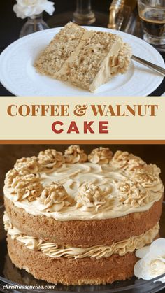 coffee and walnut cake on a plate with the words coffee and walnut cake above it