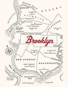 a map with the name brooklyn in red on it's white backgroud