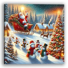 a christmas scene with santa riding in a sleigh