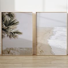 two framed pictures on the wall next to each other with a beach in the background