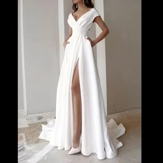 Sexy Solid Elegant V Neck Wedding Dress, High Neck High Split Long Sleeve Cocktail Party Dress. White Long Skirt, Dress Sleeve Length, Evening Dresses With Sleeves, Womens Prom Dresses, Casual Wedding Dress, Split Maxi Dress, Casual Wedding, Maxi Skirts, Prom Party Dresses