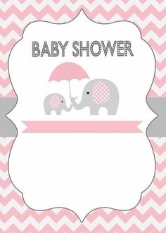 a baby shower sign with two elephants under an umbrella on pink and white chevrons