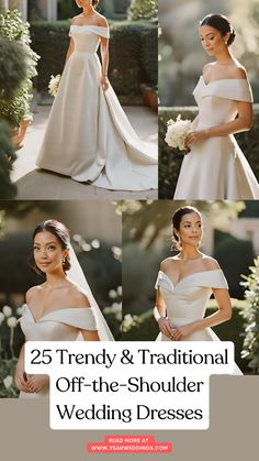 Stunning brides wearing an elegant off-the-shoulder wedding dress, showcasing a blend of timeless style and modern flair, perfect for a romantic garden ceremony or a grand ballroom affair. Off The Shoulder Wedding Dress Straight Neckline, Off Shoulder Bridal Gown, Wedding Dress With Off Shoulder Straps, Best Hair For Off The Shoulder Dress, Off The Shoulder Wedding Hair, Bridal Hair For Off Shoulder Dress, Bride Hairstyles For Off Shoulder Gown, Jewelry For Off Shoulder Wedding Dress, Bridal Hair Off Shoulder Dress