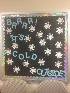 a chalkboard with snowflakes on it and words written below the letters'bar - b - q, it's cold outside '