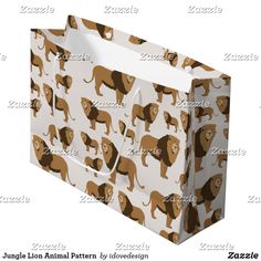 a brown and white paper bag with lion pattern on it's front, sitting in front of a white background