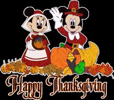 two mickey and minnie mouses with the words happy thanksgiving