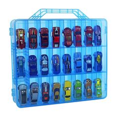 a blue car storage case filled with lots of toy cars on top of each other