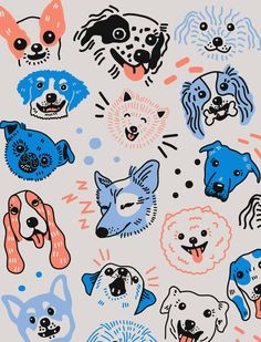 a bunch of dogs that are drawn in different colors