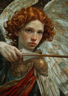 a painting of an angel with red hair holding a bow and arrow in her hands