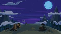 a cartoon scene with mountains and trees at night