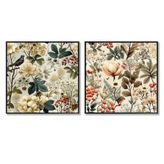 two paintings with flowers and birds on them