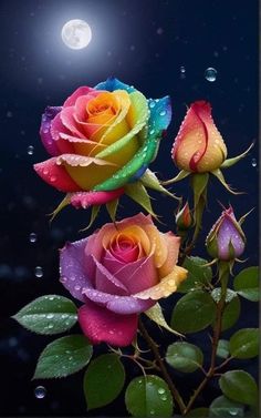 three colorful roses with water droplets on them