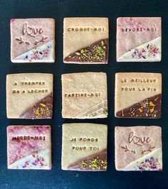 six different types of soaps with writing on them