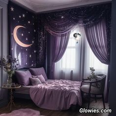 a bedroom decorated in purple and white with stars on the wall, moon curtains, and pink bedding