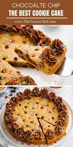 a chocolate chip cookie cake on a white plate with a slice cut out and the title above it