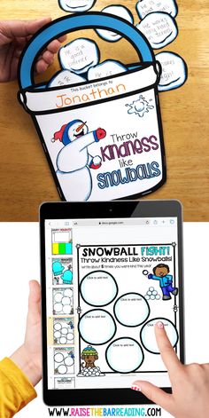 hands holding an ipad with snowball shapes on the screen and another hand pointing at it